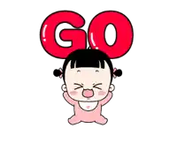 a little girl is holding a red balloon that says go on her head