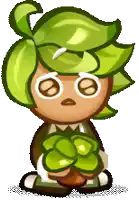 a cartoon character with green leaves on his head