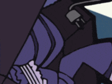 a cartoon drawing of a person with a purple and black outfit
