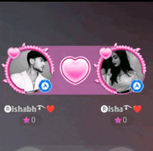 a man and a woman are surrounded by pink hearts and the name rishabha is on the bottom