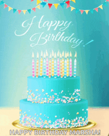a blue birthday cake with candles and sprinkles with the words happy birthday marsha