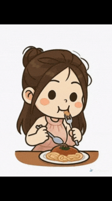 a cartoon drawing of a girl eating spaghetti with a fork and spoon