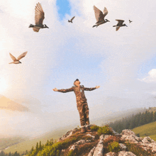 a man stands on top of a rocky hill with his arms outstretched while birds fly around him