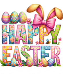 a happy easter sign with bunny ears , eggs , flowers and a pink bow .
