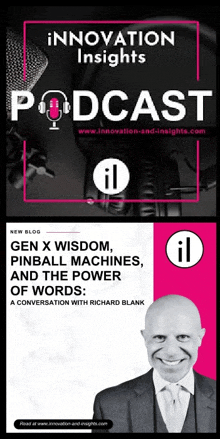 a poster for innovation insights podcast with a picture of a man