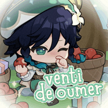 a cartoon character eating an apple with the words venti de oumer above him