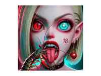 a girl with a lobster in her mouth has the number 18 on her face