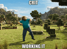 a man in a blue shirt is dancing in a field with the words crit working it below him