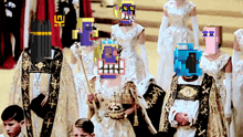 a woman in a white dress holds a crown in front of a group of people