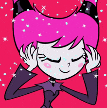 a cartoon girl with pink hair is laying down with her eyes closed and her hands on her head