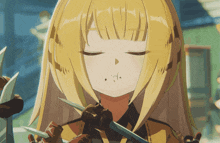 a girl with blonde hair is holding a pair of knives in her hands