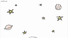 a drawing of a person in a space suit with stars and planets