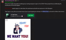 a screenshot of a discord server with the words we want you on the bottom