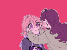 a drawing of a girl with long purple hair