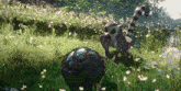 a lemur standing next to a blue ball in a field