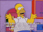 a cartoon of homer simpson saying " they ruined all our best names like bruce and lance and julian "