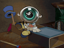 a cartoon character with a magnifying glass on his head with a dollar sign on it