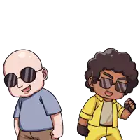 a bald man wearing sunglasses stands next to a man wearing sunglasses and a yellow jacket