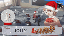 a girl in a santa hat is standing in front of a snow globe that says yukari jolly on it