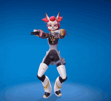 a cartoon character with a fox 's tail is dancing in front of a blue background