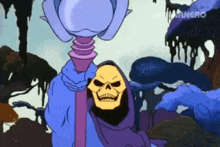 a cartoon of a skeletor holding a purple object in his hand
