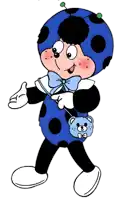 a cartoon ladybug is wearing a blue outfit and carrying a teddy bear