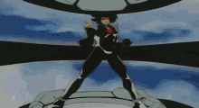 a cartoon character is standing on a platform in a room .