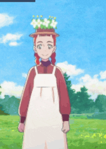 a girl with red hair and a white dress is standing in a field