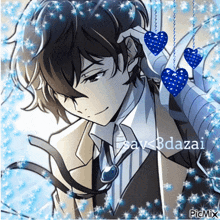 a picture of a boy with blue hearts hanging from his ear and the caption say bdazai