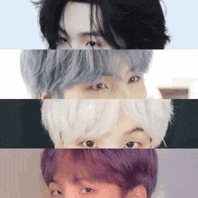 a close up of a person 's face with three different colored hair .