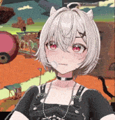 a girl with white hair and red eyes is wearing a choker and a necklace that says aya