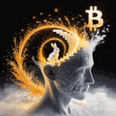 a rabbit is coming out of a man 's head with a bitcoin symbol