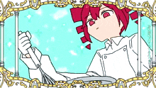 a drawing of a girl with red hair holding a spoon