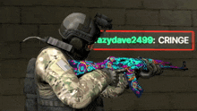 a soldier is holding a rifle with a cringe message above it