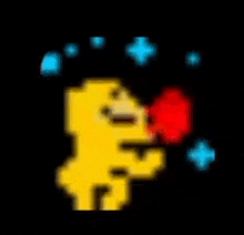 a pixel art of a yellow man with red boxing gloves on a black background .