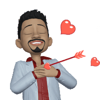 a cartoon man in a suit and red shirt with hearts around him