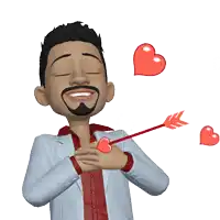 a cartoon man in a suit and red shirt with hearts around him