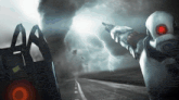 a robot is pointing at a tornado with a sticker on it that says aa