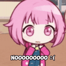 a cartoon girl with pink hair is standing in front of a sign that says noo000000 .