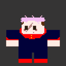 a pixel art drawing of a person with purple hair and blue gloves