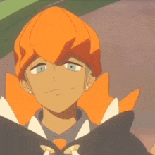 a close up of a cartoon character wearing an orange hat and holding a card .