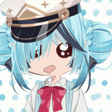 a girl with blue hair is wearing a hat and a pink bow