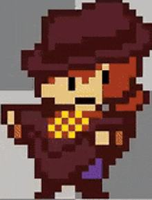a pixel art of a man with a hat and a beard holding a gun .