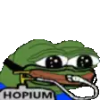 a cartoon frog with a hook in its mouth and the word hopium on it .
