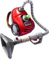 a cartoon drawing of a red vacuum cleaner with a green light