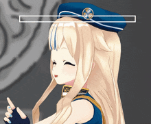 a girl with long blonde hair is wearing a blue beret with a butterfly on it