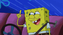 a cartoon of spongebob holding a steering wheel pointing up