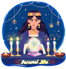 a cartoon illustration of a woman holding a crystal ball with the name peramal jitu written on the bottom