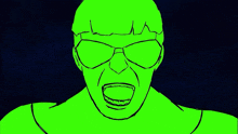 a drawing of a green superhero with glasses on a green screen .