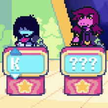 a pixel art drawing of a girl standing next to a box that says k on it